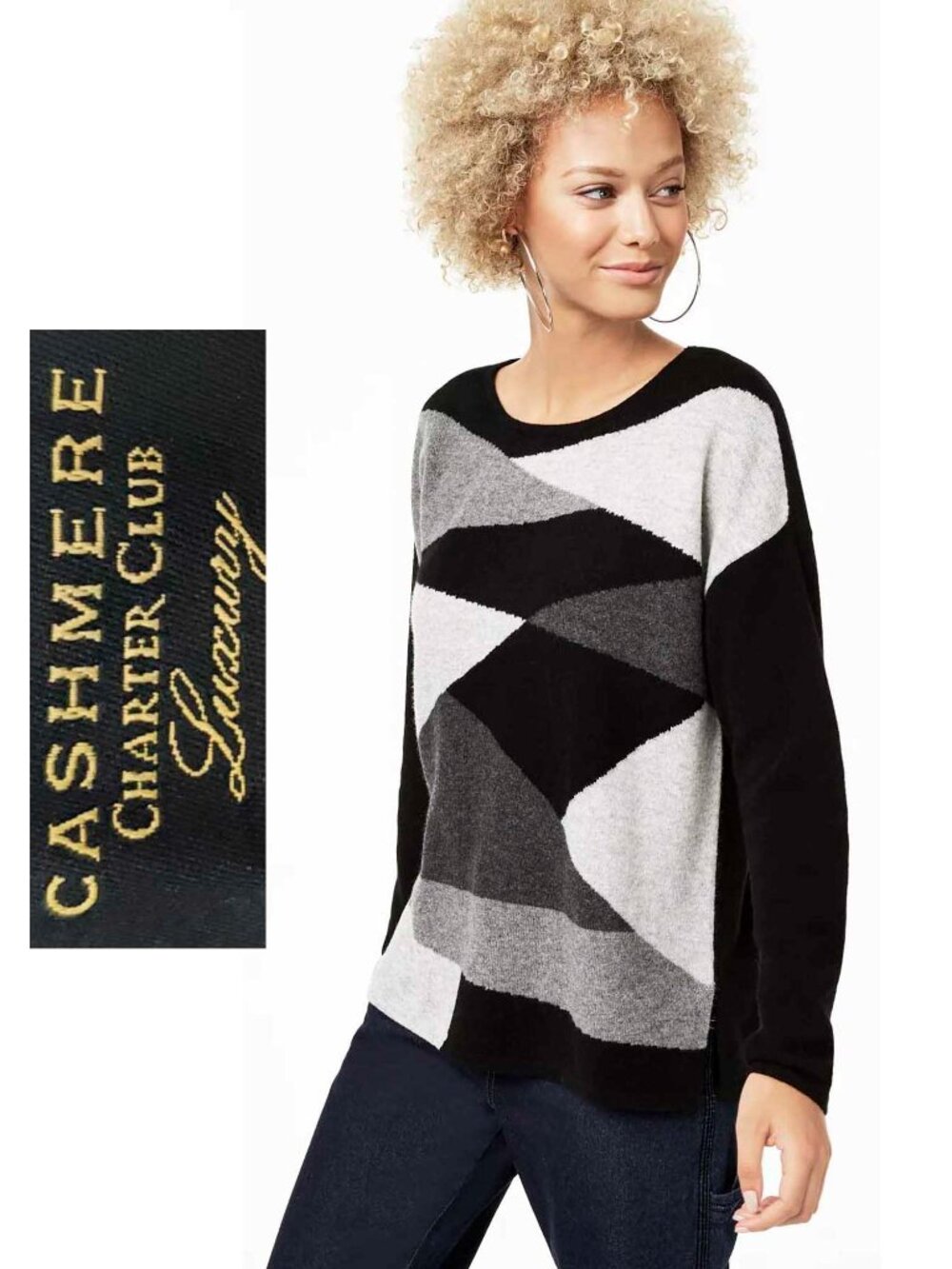 Charter Club Luxury Women's Black Grey Colorblock 100% Cashmere Sweater M NWT